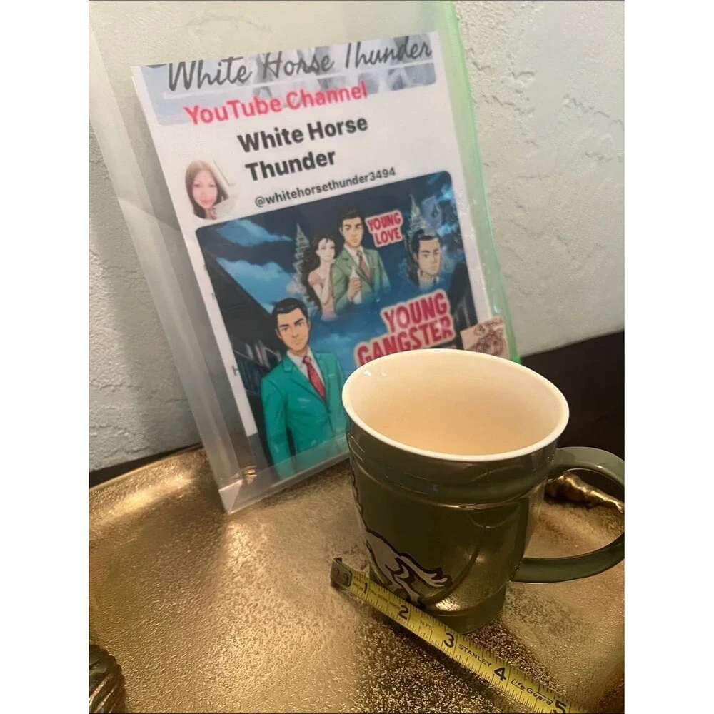 #2240**Hand painted Green Ceramic Mug W/ Silver White Horse Thunder (WHT)